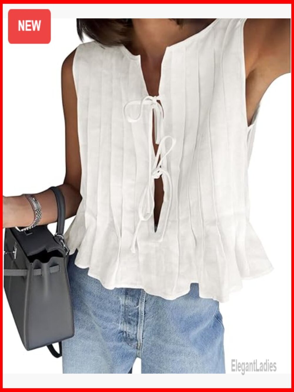 Bow Front Tie Tank Top Pleated Babydoll Top Sleeveless Cute Coquette Shirt
